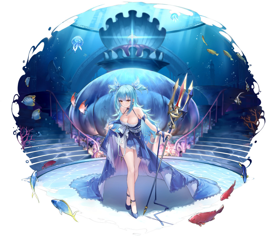 1girl animal artist_request azur_lane bangs bare_shoulders blue_hair blush breasts bridal_gauntlets cleavage crossed_legs dress earrings fingernails fish full_body gem halterneck highres holding jewelry long_hair medium_breasts nail_polish neptune_(azur_lane) neptune_(nereid's_invitation)_(azur_lane) official_art parted_lips pearl_(gemstone) polearm shoes short_twintails simple_background skirt_hold sleeveless solo stairs standing trident twintails weapon whale yellow_eyes