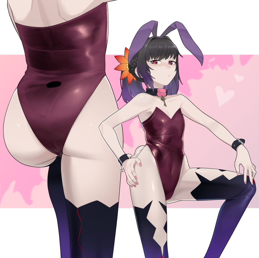 1girl absurdres animal_ears ass black_hair blush braid choker collar fake_animal_ears flower gradient_hair hair_flower hair_ornament heart highres leotard looking_at_viewer multicolored_hair nail_polish pink_nails playboy_bunny purple_eyes purple_hair rabbit_ears saimon_(tales) simple_background solo strapless strapless_leotard tales_of_(series) tales_of_zestiria tranqu_color twintails