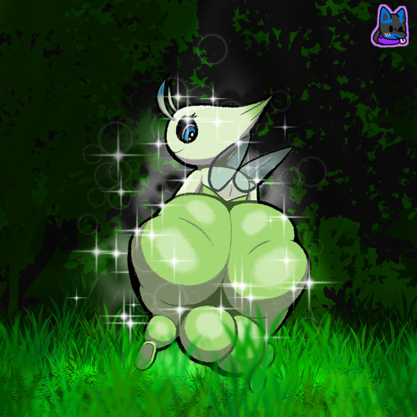 anthro balls big_balls big_butt butt celebi forest forest_background generation_2_pokemon genitals hi_res legendary_pokemon male nature nature_background nintendo plant pokemon pokemon_(species) snowcario_(artist) solo sparkles tree video_games