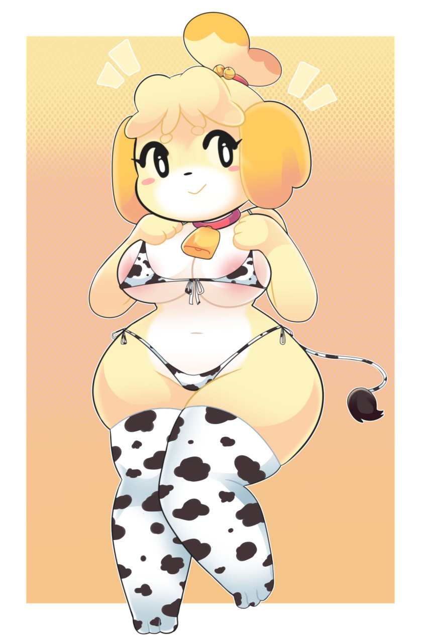3_fingers 3_toes absurd_res accessory animal_bikini animal_crossing animal_print anthro areola barefoot bell bell_collar big_breasts bikini blonde_hair blush breasts cleavage clothed clothing collar cow_bikini cow_print cow_print_bikini cow_print_thighhighs cowbell digital_media_(artwork) feet female fingers footwear fur hair hair_accessory hair_bell hi_res isabelle_(animal_crossing) legwear mammal midriff navel nintendo onigiri_punch pattern_clothing pattern_swimwear simple_background smile solo standing swimwear thick_thighs thigh_highs toe_outline toes topwear video_games yellow_body yellow_fur