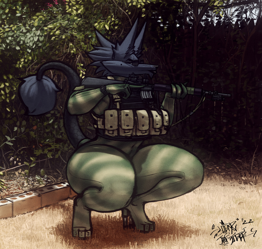 2022 4_fingers anthro armor assault_rifle black_body black_fur body_armor bodysuit camo canid canine canis clothed clothing crouching day dubmare eyewear female fingers footwear fur gun hi_res high_heels lips long_ears mammal outside ranged_weapon rifle signature skinsuit sligarthetiger solo sunglasses thick_bottom_lip thick_thighs tight_clothing weapon wide_hips wolf