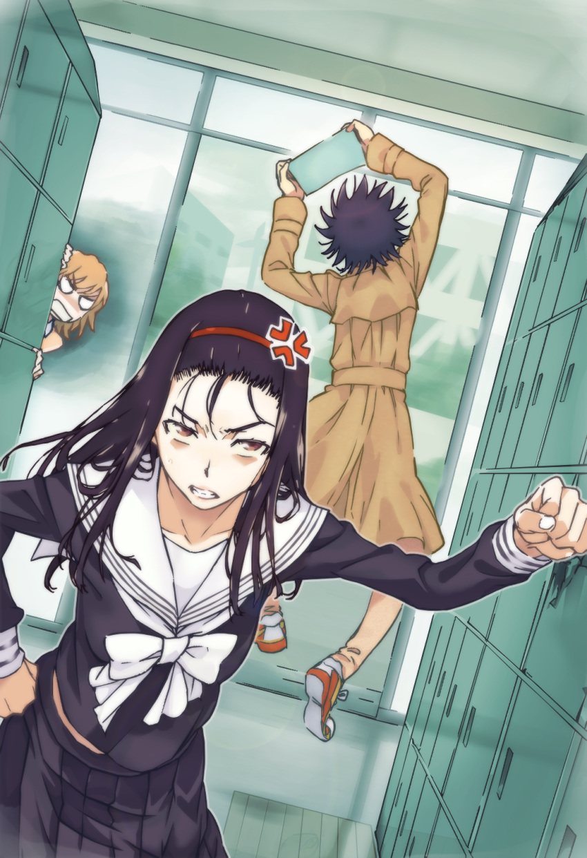 1boy 2girls anger_vein angry arms_up black_hair black_skirt bow breasts brown_eyes brown_hair clenched_hand clenched_teeth colorized day from_behind full_body gazing_eye haimura_kiyotaka hairband hand_up hiding highres holding holding_letter indoors jumping kamijou_touma kumokawa_seria letter long_hair long_sleeves looking_at_another looking_at_viewer medium_breasts medium_hair midair misaka_mikoto multiple_girls novel_illustration official_art pleated_skirt red_footwear red_hairband school school_uniform short_hair skirt spiked_hair spoilers teeth toaru_majutsu_no_index toaru_majutsu_no_index:_new_testament upper_body white_bow
