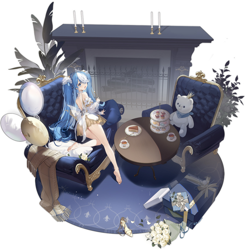 1girl artist_request azur_lane balloon bangs bare_shoulders barefoot blue_eyes blue_hair box cake cake_slice candle candlestand couch crown cup dress fireplace flower food fork full_body gift gift_box hair_over_one_eye highres jewelry long_hair looking_at_viewer maille-breze_(azur_lane) maille-breze_(sugary_sabbatical)_(azur_lane) manjuu_(azur_lane) mini_crown multicolored_hair official_art open_mouth pastry petals pillow plate see-through short_dress simple_background skirt solo stuffed_animal stuffed_toy tea teacup teddy_bear tiara toes twintails white_hair