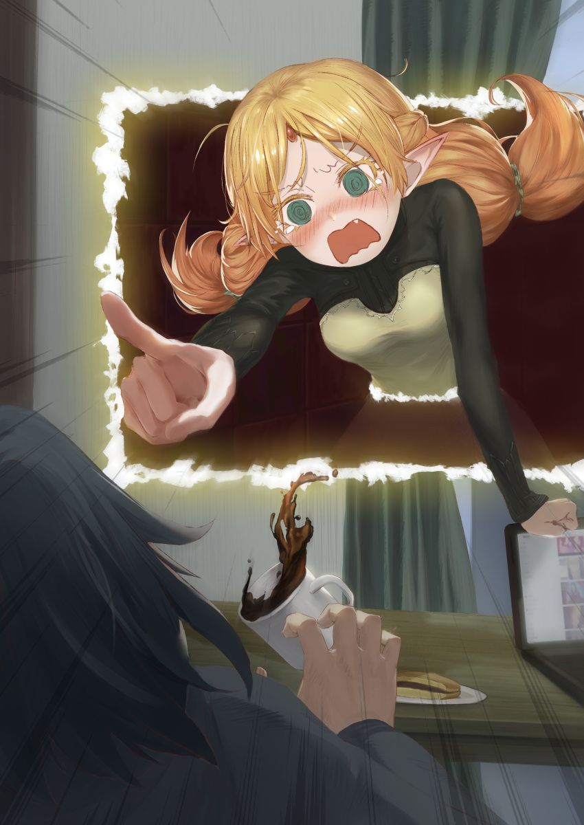 1boy 1girl @_@ absurdres black_hair black_shirt blonde_hair blush coffee coffee_cup commentary_request computer cup curtains disposable_cup dress elf food forehead_jewel green_dress green_eyes highres isekai_ojisan laptop long_hair long_sleeves pointing pointy_ears portal_(object) shibazaki_yousuke shirt shouting sui_(isekai_ojisan) table tears wanwu_jie_quan wavy_mouth window