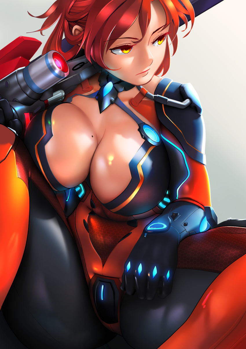 161803393_(artist) 1girl bangs bodysuit breasts cleavage cleavage_cutout clothing_cutout commentary elbow_gloves folded_ponytail gloves hair_between_eyes hair_ornament highres holding holding_sword holding_weapon honkai_(series) honkai_impact_3rd large_breasts light_particles long_hair looking_afar mole mole_on_breast murata_himeko murata_himeko_(scarlet_fusion) red_hair sitting skin_tight solo sword weapon yellow_eyes