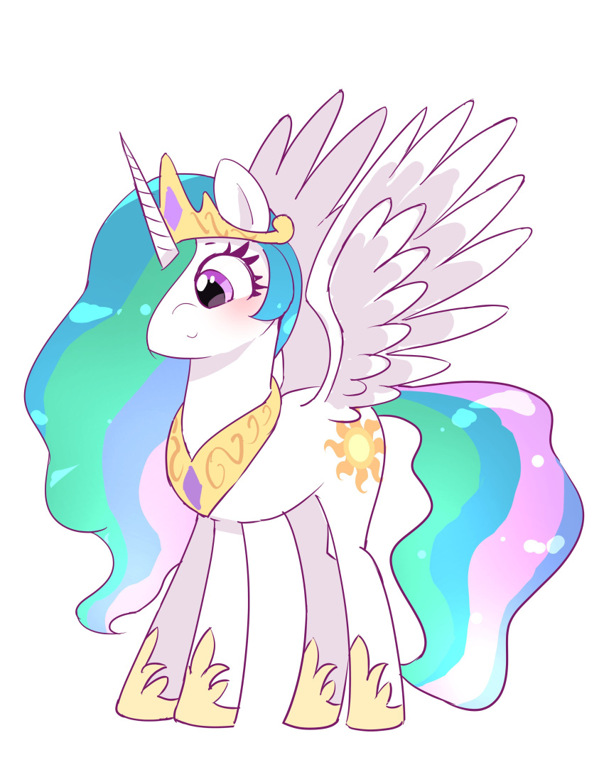 absurd_res blush clothing crown cutie_mark digital_media_(artwork) equid equine eyelashes feathered_wings feathers female feral footwear friendship_is_magic hair hasbro hi_res horn leo19969525 mammal multicolored_hair multicolored_tail my_little_pony pink_eyes princess_celestia_(mlp) shoes smile solo standing white_body white_feathers winged_unicorn wings