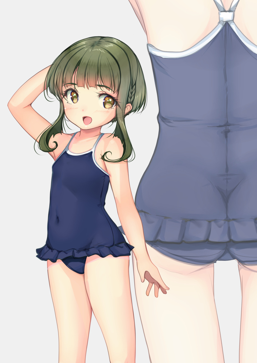 1girl absurdres ass blue_one-piece_swimsuit bob_cut braid breasts brown_eyes commentary_request competition_school_swimsuit covered_navel frilled_swimsuit frills green_hair highres kantai_collection multiple_views nontraditional_school_swimsuit school_swimsuit short_hair sidelocks small_breasts swimsuit swimsuit_skirt takanami_(kancolle) yashin_(yasinz) zoom_layer