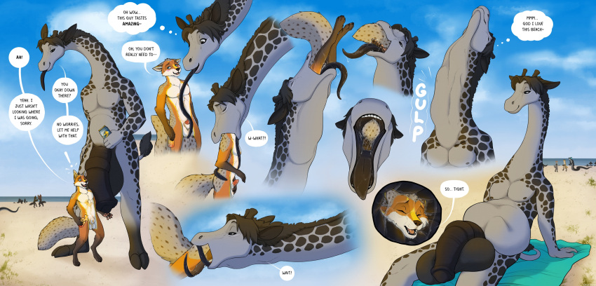 absurd_res anthro armorine balls beach belly big_balls big_belly big_penis canid canine duo_focus english_text fox genitals giraffe giraffid group hi_res huge_balls huge_penis hyper hyper_balls hyper_genitalia hyper_penis internal larger_male licking long_tongue male male/male mammal neck_bulge nude oral_vore penis seaside size_difference soft_vore text tongue tongue_out unwilling_prey vore