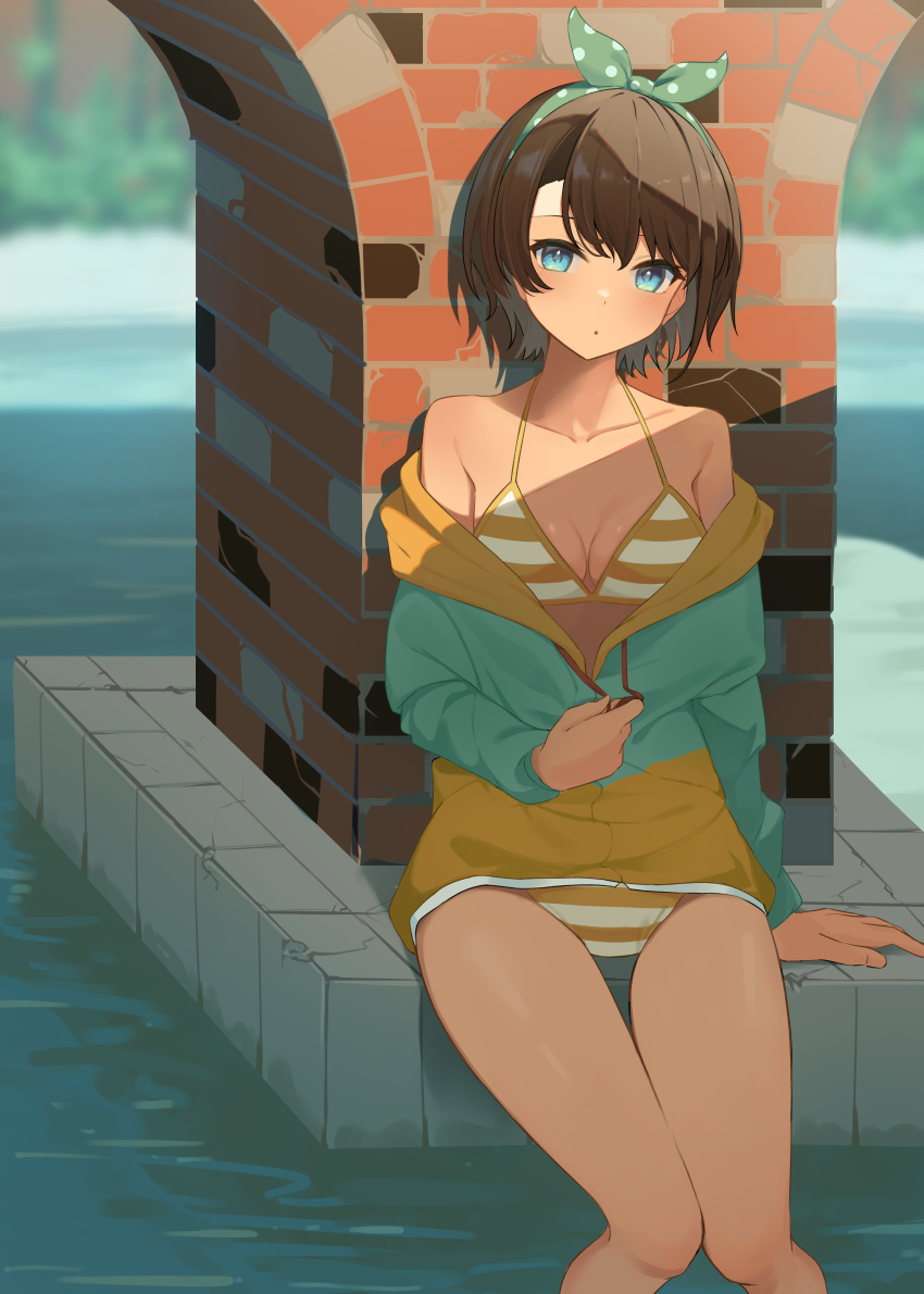 1girl :o absurdres arch bangs bare_legs bare_shoulders bikini bikini_under_clothes blue_eyes blurry bow_hairband breasts brown_hair cleavage collarbone depth_of_field dot_nose drawstring evening feet_out_of_frame hairband halterneck highres holding hololive jacket long_sleeves looking_at_viewer medium_breasts multicolored_clothes multicolored_jacket off_shoulder oozora_subaru outdoors parted_lips polka_dot_hairband short_hair sidelocks sitting sl10_d solo string_bikini striped striped_bikini swept_bangs swimsuit thighs two-tone_jacket virtual_youtuber water