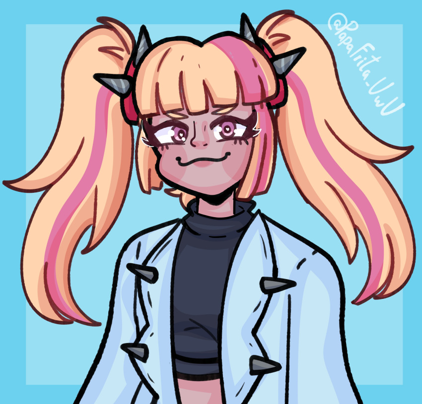 absurdres crop_top fortnite happy highres jacket lennox_rose_(fortnite) long_hair multicolored_hair papafrita_uwu ponytail smug spiked_jacket