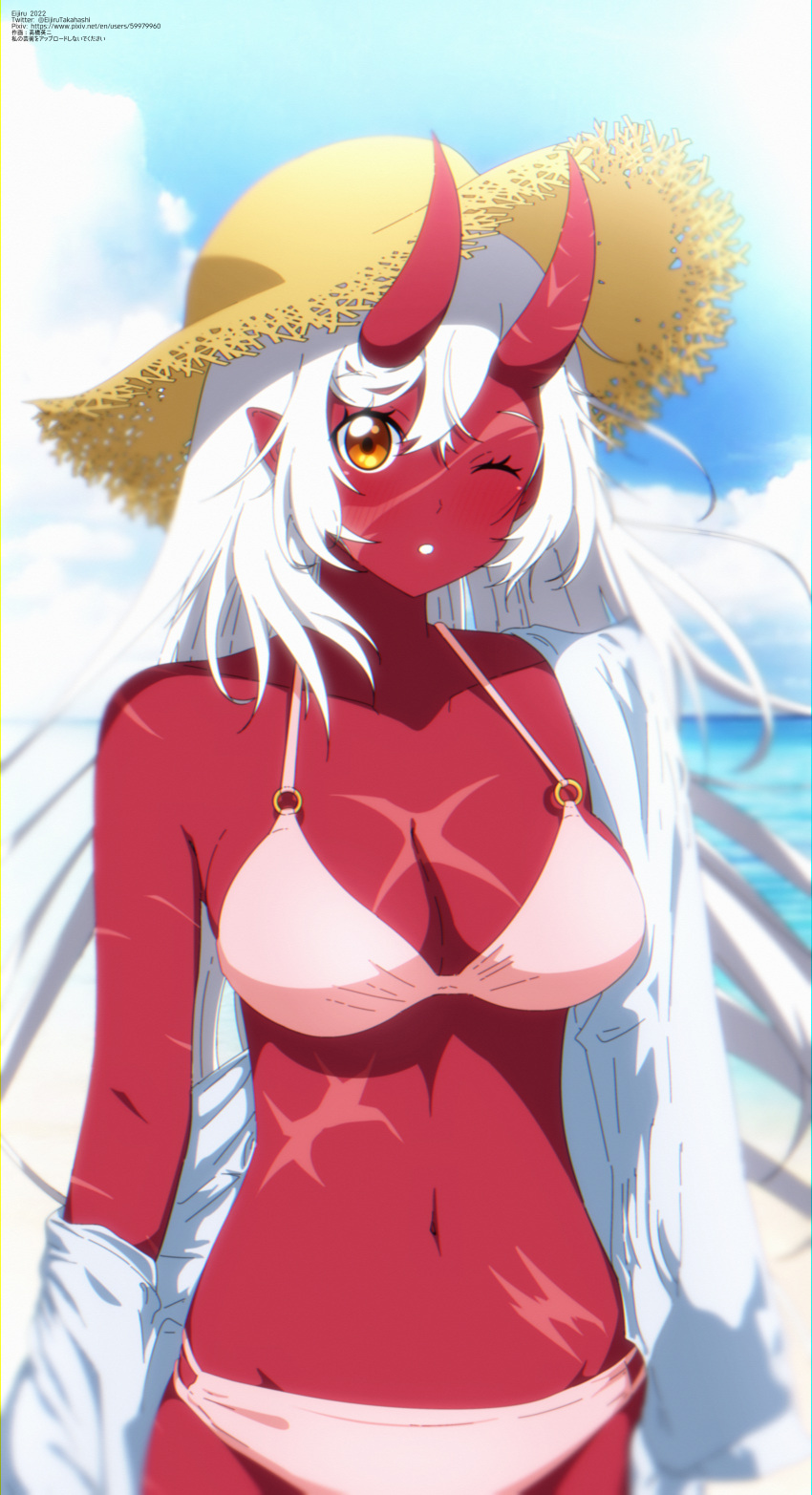 1girl ;o absurdres akumi_(yoclesh) artist_name beach bikini blue_sky blush breasts cloud colored_skin day eijiru hat highres horns large_breasts long_hair looking_at_viewer ocean one_eye_closed oni oni_horns pointy_ears red_horns red_skin scar scar_on_breasts scar_on_cheek scar_on_face scar_on_stomach sky solo straw_hat swimsuit virtual_youtuber vyugen web_address white_bikini white_hair yellow_eyes yellow_headwear