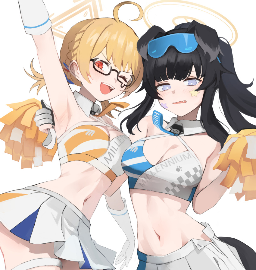 2girls ahoge animal_ears arm_around_back armpits bare_shoulders beruko14 black_hair blue_archive breasts bright_pupils cheerleader cleavage cowboy_shot crop_top detached_collar dog_ears dog_tail english_text glasses gloves goggles goggles_on_head halterneck hibiki_(blue_archive) hibiki_(cheerleader)_(blue_archive) highres kotori_(blue_archive) long_hair looking_at_viewer medium_breasts midriff multiple_girls navel necktie one_eye_closed open_mouth pleated_skirt pom_pom_(cheerleading) purple_eyes red_eyes sidelocks simple_background skirt smile tail white_background