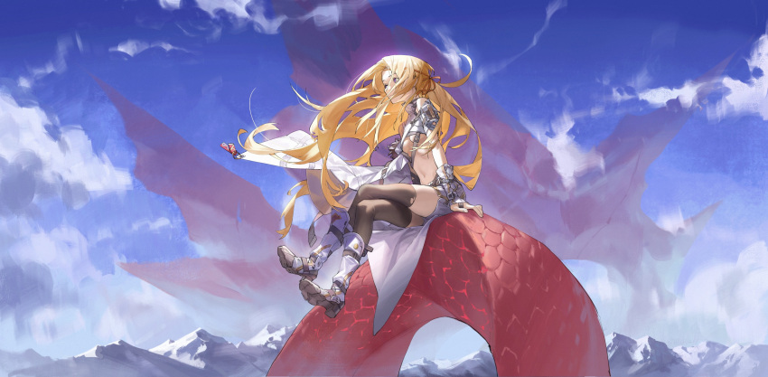 1girl absurdres black_thighhighs blonde_hair boots character_request cloud copyright_request hair_ribbon highres looking_to_the_side mountain navel purple_eyes ribbon shorts sitting sky snake thighhighs wushier
