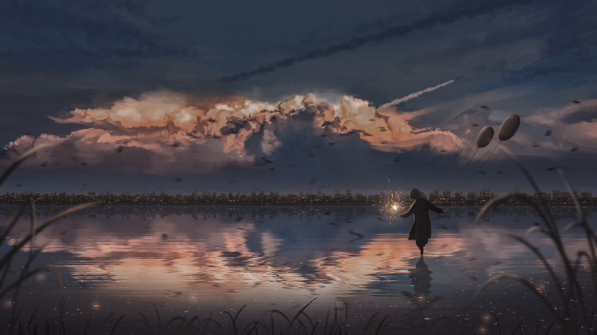 1girl absurdres building cattail city cloud fireworks grass highres holding_fireworks horizon original outdoors plant reflection reflective_water scenery short_hair sky soaking_feet solo sparkle sparkler standing water yu_jing