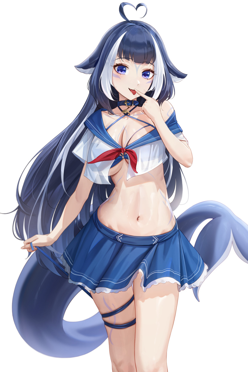 1girl absurdres ahoge animal_ears belt belt_collar bikini black_hair blue_collar blue_skirt breasts cetacean_tail chest_tattoo cleavage collar criss-cross_halter cryturtle facial_tattoo fang finger_to_mouth halterneck heart heart_ahoge highres indie_virtual_youtuber large_breasts leg_tattoo long_hair looking_at_viewer multicolored_hair navel open_mouth purple_eyes school_uniform see-through see-through_shirt serafuku shirt shylily skirt streaked_hair swimsuit tattoo thigh_strap tongue tongue_out virtual_youtuber white_hair white_shirt