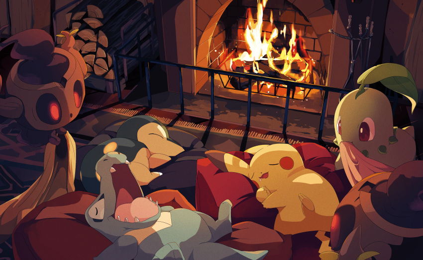 absurdres chikorita commentary_request cushion cyndaquil fireplace floating highres holding indoors kura_(shironagasu02) log lying no_humans on_back open_mouth phantump pikachu pokemon pokemon_(creature) sleeping starter_pokemon_trio totodile