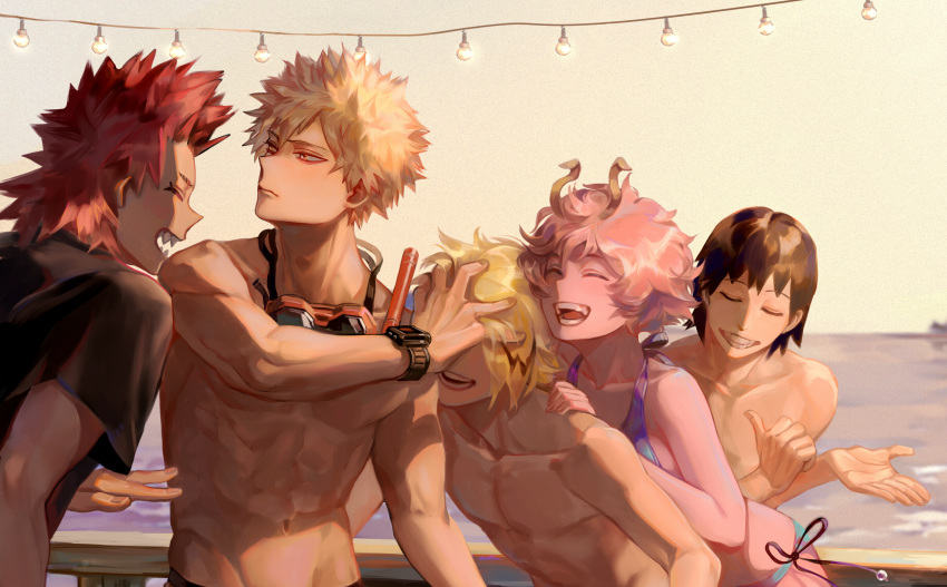 1girl 4boys :d abs absurdres arm_at_side ashido_mina bakugou_katsuki bikini blonde_hair boku_no_hero_academia brown_hair chair cityscape closed_eyes closed_mouth colored_skin covered_eyes cropped goggles goggles_around_neck grin hand_on_another's_face hand_on_another's_shoulder hand_up hands_up highres horns kaminari_denki kirishima_eijirou leaning_forward leaning_on_person leg_up looking_at_another male_swimwear multiple_boys navel ocean open_mouth outdoors pants pectorals pink_hair pink_skin pointing pointing_at_self red_hair sandals scenery sero_hanta sharp_teeth shirt short_hair short_sleeves side-tie_bikini_bottom sky smile spiked_hair standing stomach sunset swim_trunks swimsuit t-shirt taro-k teeth water