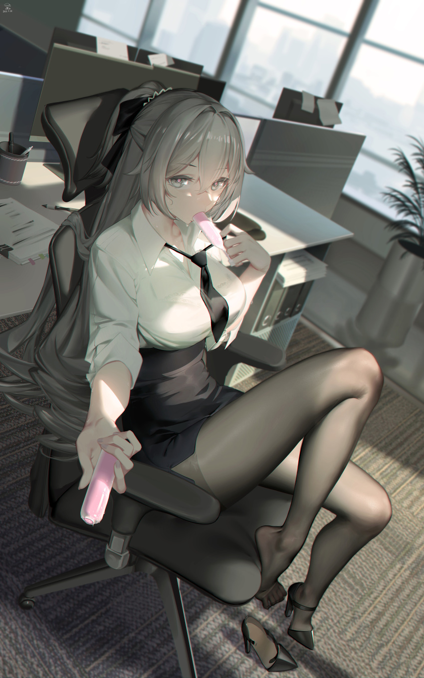 1girl absurdres bangs black_footwear black_necktie black_pantyhose black_skirt breasts bronya_zaychik bronya_zaychik_(silverwing:_n-ex) chair collared_shirt computer desk drill_hair food full_body giving_food grey_hair high_heels highres holding holding_food honkai_(series) incredibly_absurdres indoors large_breasts long_hair looking_at_viewer monitor necktie office office_lady pantyhose ribao shirt shoe_removed shoes single_shoe sitting skirt sleeves_rolled_up solo toes tupet twin_drills white_shirt