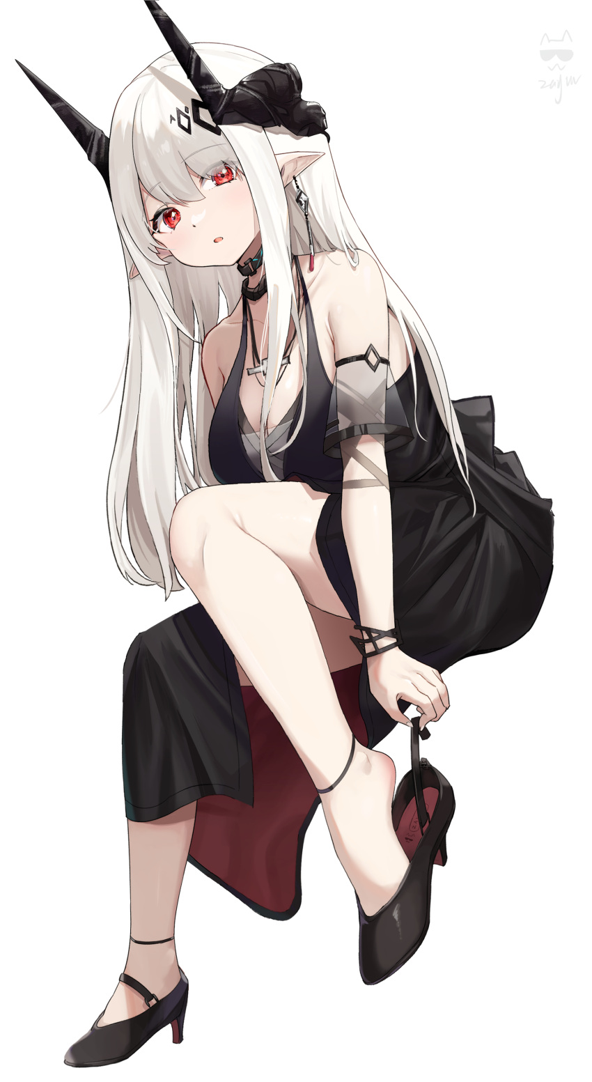 1girl absurdres arknights bare_shoulders black_dress black_footwear collarbone dress earrings grey_hair hair_ornament high_heels highres horns invisible_chair jewelry long_hair mudrock_(arknights) mudrock_(obsidian)_(arknights) necklace official_alternate_costume parted_lips pointy_ears red_eyes see-through short_sleeves sitting solo undressing wrist_cuffs zayur