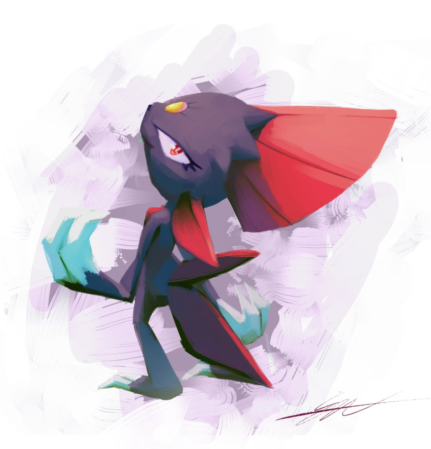 bright_pupils claws commentary full_body head_back highres likey looking_back no_humans pokemon pokemon_(creature) red_eyes signature sneasel solo standing