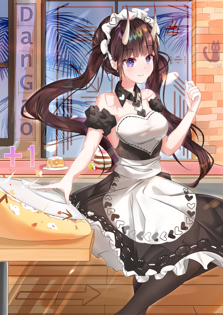 1girl absurdres apron artist_request azur_lane bare_shoulders cake cake_slice commentary_request eyebrows_hidden_by_hair food gameplay_mechanics highres horns maid maid_apron maid_headdress manjuu_(azur_lane) noshiro_(azur_lane) noshiro_(hold_the_ice)_(azur_lane) official_alternate_costume official_alternate_hairstyle oni_horns plate purple_eyes smile twintails white_apron