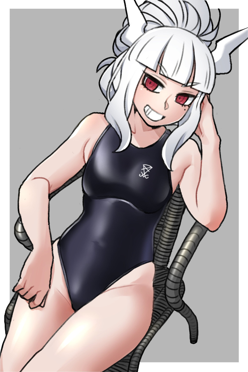 1girl :d absurdres bangs black_one-piece_swimsuit blunt_bangs border breasts chair grey_background grin helltaker highres jinko_banana long_hair looking_at_viewer lucifer_(helltaker) mole mole_under_eye ponytail red_eyes simple_background sitting small_breasts smile solo swimsuit teeth white_border white_hair