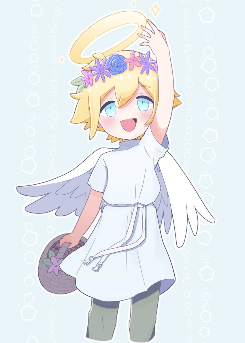 1boy angel_costume angel_wings arm_up basil_(omori) basket blonde_hair blue_eyes blush fake_halo fake_wings flower hatoba_(hatoba_yado) head_wreath highres holding holding_basket looking_at_viewer omori open_mouth shirt short_hair short_sleeves smile solo white_shirt wings