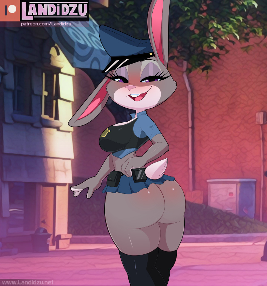 absurd_res anthro bedroom_eyes big_breasts big_butt blush bottomwear breasts buckteeth butt clothing disney female hi_res judy_hopps lagomorph landidzu legwear leporid looking_at_viewer mammal microskirt midriff miniskirt narrowed_eyes one_ear_up police_badge police_cap police_uniform rabbit seductive skirt solo stockings teeth thick_thighs uniform zootopia