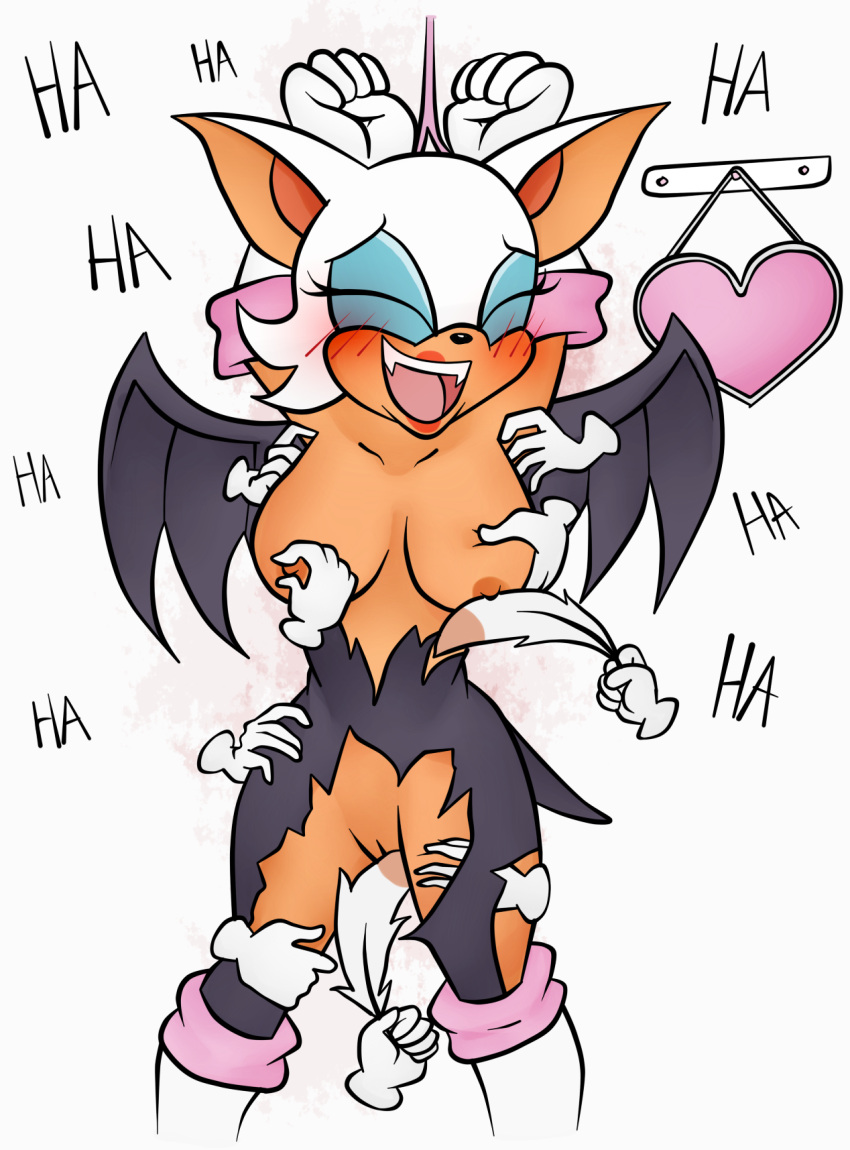 anthro blush breasts chiropteran clothing eldelascosquillas exposed_breasts eyes_closed female footwear genitals grope groping_breasts handwear hi_res laugh lipstick makeup mammal nipple_fetish nipple_play open_mouth pussy raised_arms rouge_the_bat sega solo sonic_the_hedgehog_(series) text tickle_fetish tickle_torture tickling tickling_armpits tickling_nipples tickling_pussy tickling_thighs torn_clothing upper_body