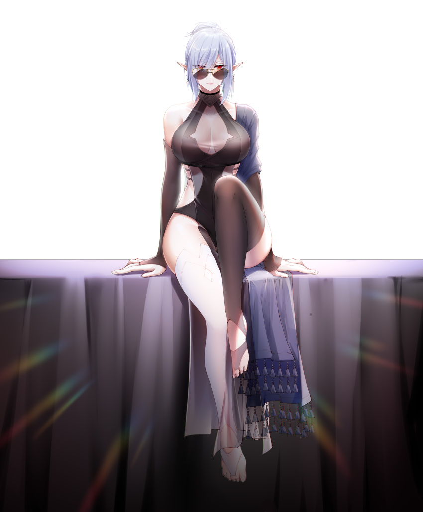 1girl absurdres arknights arms_at_sides bangs bare_shoulders black_one-piece_swimsuit black_thighhighs breasts bridal_gauntlets casual_one-piece_swimsuit cleavage closed_mouth collarbone earrings full_body gladiia_(arknights) grey_hair highres jewelry knee_up large_breasts long_hair looking_at_viewer luosicheng_5 no_shoes one-piece_swimsuit pointy_ears red_eyes see-through simple_background single_bridal_legwear smile solo sunglasses swimsuit thighhighs white_background white_thighhighs