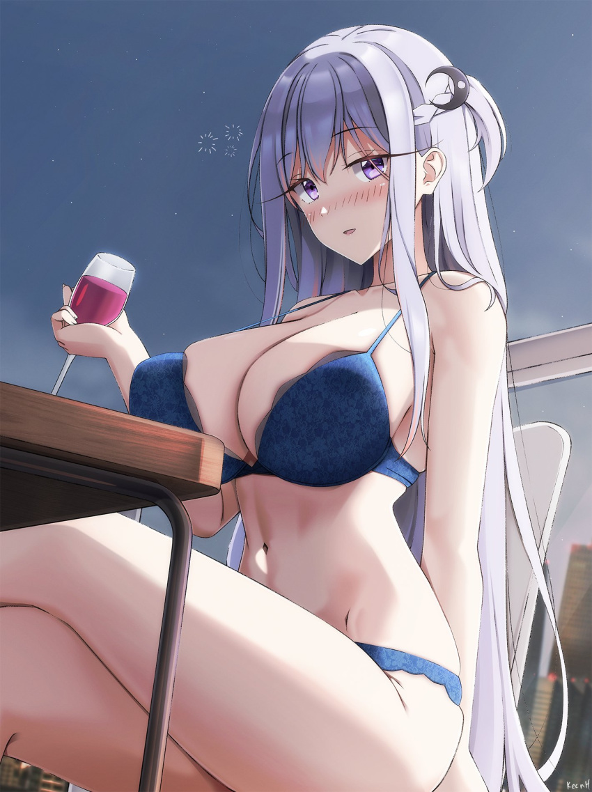 1girl alcohol bare_arms bare_legs bare_shoulders blue_bra blue_panties bra breasts cleavage collarbone crossed_legs cup drinking_glass drunk from_below hair_ornament highres indoors keenh large_breasts lingerie long_hair looking_at_viewer navel one_side_up original panties purple_eyes purple_hair sidelocks sitting skindentation solo strap_gap table underwear very_long_hair wine wine_glass