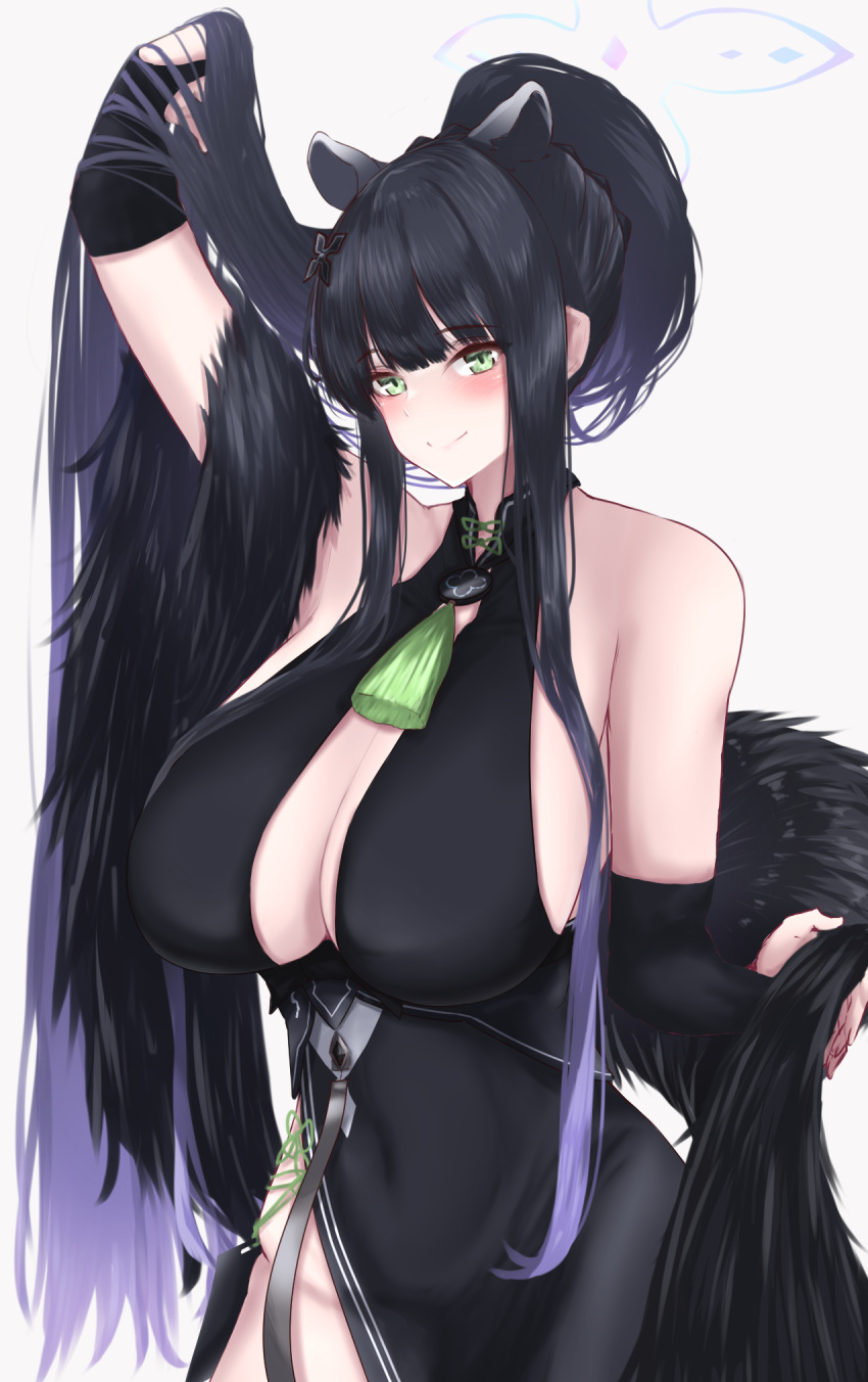 1girl animal_ears arm_up bangs black_dress black_hair blue_archive blunt_bangs blush breasts bridal_gauntlets cleavage cleavage_cutout closed_mouth clothing_cutout covered_navel cowboy_shot dress extra_ears fur_shawl green_eyes highres holding holding_hair large_breasts long_hair looking_at_viewer pelvic_curtain ponytail ruko_(user_zdfp4487) shawl shun_(blue_archive) sidelocks simple_background sleeveless sleeveless_dress smile solo tassel very_long_hair white_background