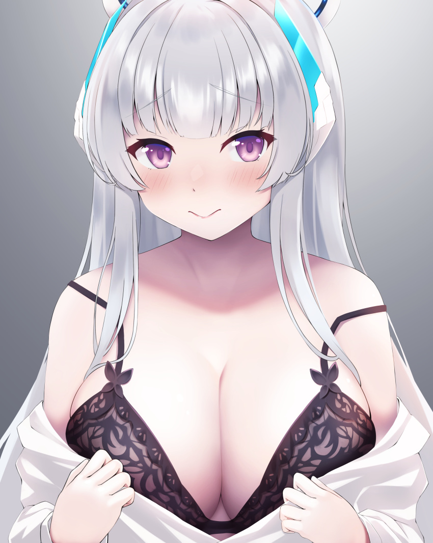 1girl absurdres bangs bare_shoulders black_bra blue_archive blush bra breasts cleavage grey_hair halo headgear highres huge_breasts lace lace-trimmed_bra lace_trim lingerie long_hair long_sleeves looking_at_viewer noa_(blue_archive) off_shoulder purple_eyes simple_background smile spaghetti_strap strap_slip tousaki_(tousakiworks) underwear undressing