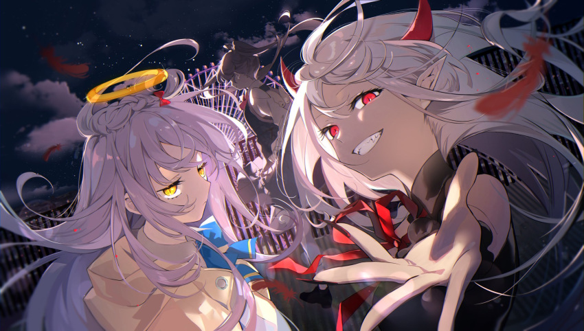 3girls angel braid clenched_teeth demon_girl demon_horns expressionless feathers fingernails floating_hair highres horns light_purple_hair multiple_girls omutatsu pointy_ears reaching_out red_eyes sky teeth tuyu_(band) white_hair yellow_eyes