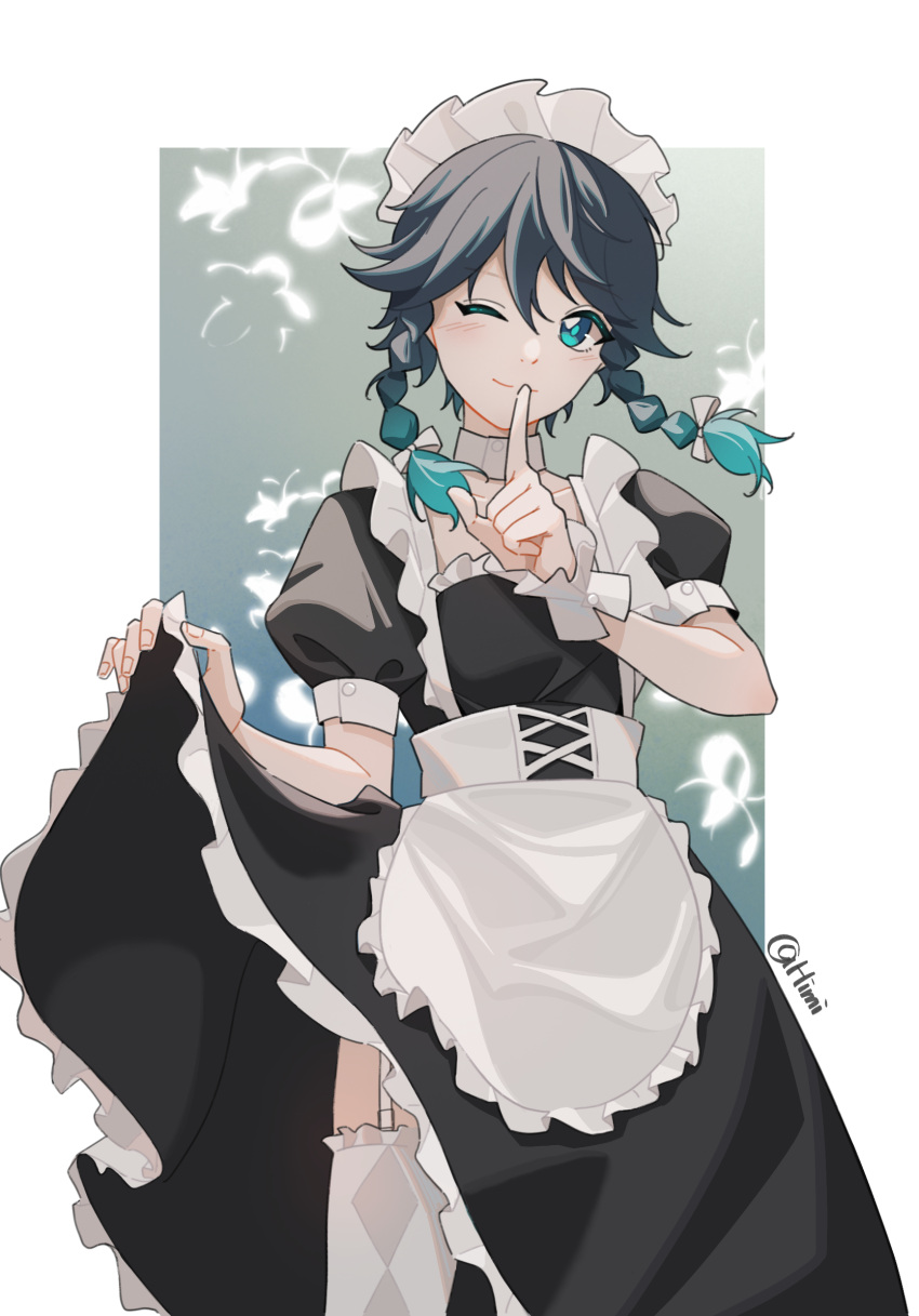 1boy ;) alternate_costume apron bangs black_hair blue_eyes blue_hair blush braid clothes_lift commentary_request crossdressing dress dress_lift enmaided finger_to_mouth frilled_apron frills garter_straps genshin_impact gradient_hair hair_ribbon heimi_(himi) highres maid maid_apron maid_headdress male_focus multicolored_hair one_eye_closed open_mouth otoko_no_ko puffy_short_sleeves puffy_sleeves ribbon short_hair_with_long_locks short_sleeves shushing sidelocks smile solo tress_ribbon twin_braids twitter_username venti_(genshin_impact) white_apron white_ribbon wrist_cuffs