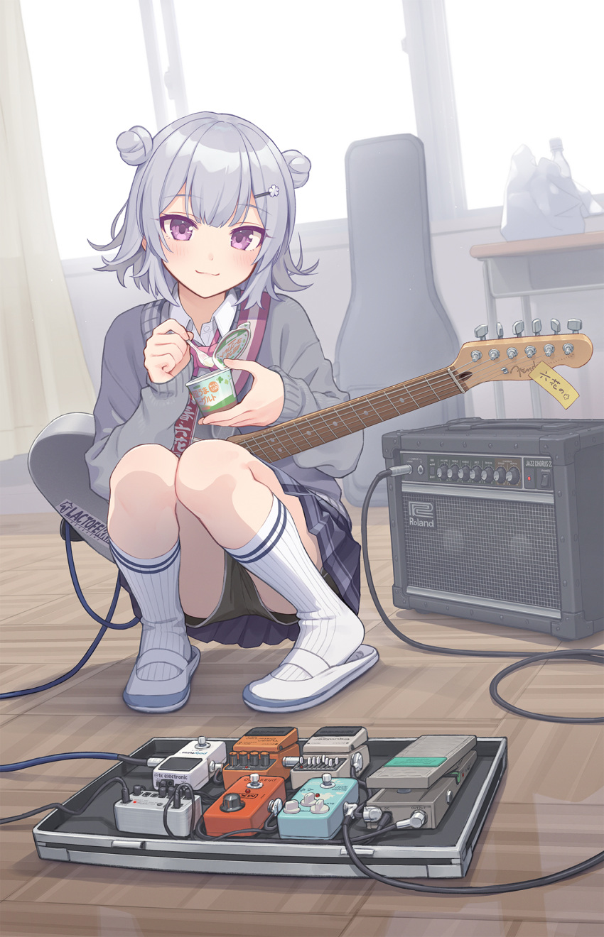 1girl closed_mouth collared_shirt double_bun effects_pedal electric_guitar grey_hair guitar hair_bun hair_ornament hairclip highres indoors instant_ramen instrument kurobuta_gekkan light_blush long_sleeves looking_at_viewer medium_hair miniskirt necktie original pleated_skirt purple_eyes school_uniform shirt shorts shorts_under_skirt skirt smile socks solo squatting white_footwear white_socks wing_collar