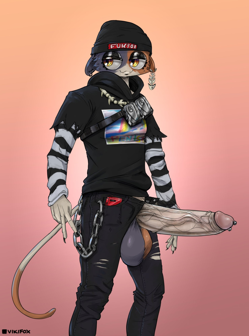 2022 anthro arm_warmers armwear balls beanie big_balls big_penis bone bottomwear calico_cat chain clothed clothing denim denim_clothing digital_media_(artwork) domestic_cat ear_piercing ear_ring epic_games erection felid feline felis fortnite fur genitals hat headgear headwear hi_res hoodie huge_penis jeans male mammal meow_skulls_(fortnite) mottled open_bottomwear open_clothing open_pants pants penis phone piebald piercing ring_piercing simple_background smile solo tight_bottomwear tight_clothing tight_pants topwear video_games vikifox white_body white_fur