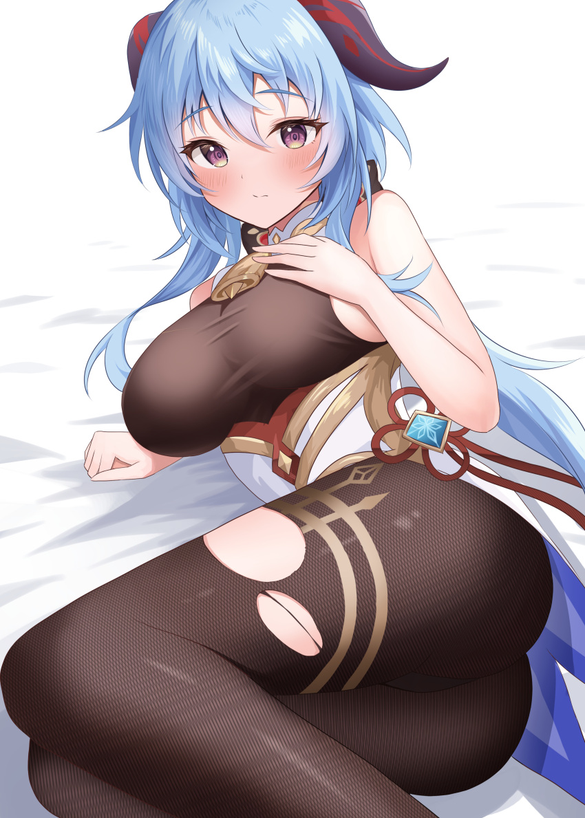 1girl absurdres ass bare_arms bell blue_hair blush bodystocking bodysuit breasts brown_bodysuit chinese_knot closed_mouth cowbell detached_collar ganyu_(genshin_impact) genshin_impact goat_horns gold_trim hand_on_own_chest highres horns large_breasts long_hair looking_at_viewer lying neck_bell on_side onabe_no_shime purple_eyes sleeveless solo thighs torn_bodysuit torn_clothes torn_pantyhose vision_(genshin_impact) wavy_mouth