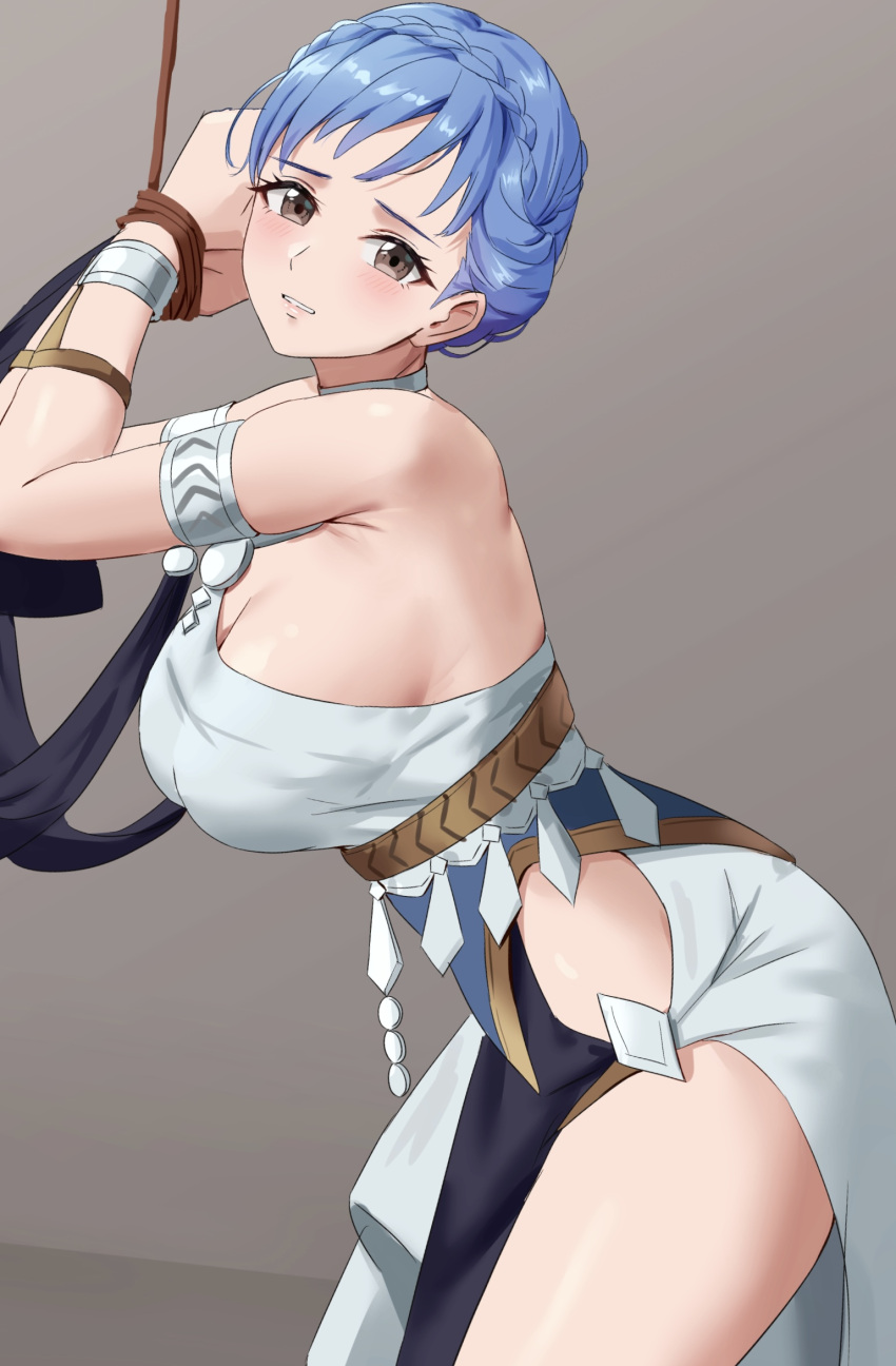 1girl alternate_costume amayo_thranana armlet bangs bare_shoulders blue_hair blush bound bound_wrists bracelet braid breasts brown_eyes choker cleavage clenched_teeth commentary cowboy_shot crown_braid dancer dancer_(three_houses) dress fire_emblem fire_emblem:_three_houses greek_clothes highres jewelry large_breasts marianne_von_edmund restrained rope short_hair sideboob single-shoulder_dress solo standing teeth thighs white_dress