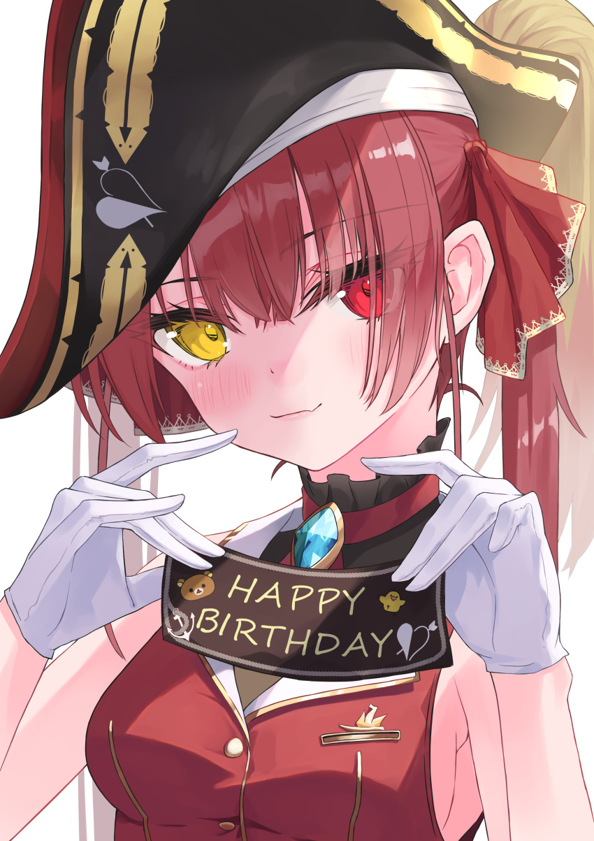 1girl 333shishishi333 absurdres arrow_through_heart bangs bare_arms bare_shoulders bicorne birthday black_headwear blush bow breasts brooch buttons closed_mouth gloves gold_trim hair_bow hair_ribbon hands_up happy_birthday hat heterochromia high_ponytail highres holding hololive houshou_marine jewelry lapels long_hair looking_at_viewer medium_breasts pirate_hat red_eyes red_hair red_ribbon red_skirt ribbon shirt sideboob sidelocks skirt sleeveless sleeveless_shirt smile solo twintails upper_body virtual_youtuber white_background white_gloves yellow_eyes