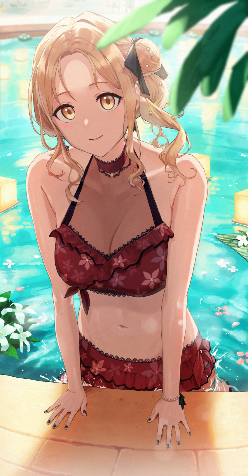 1girl absurdres bangs bikini blurry blurry_foreground blush bracelet breasts cleavage depth_of_field hair_bun highres ichikawa_hinana idolmaster idolmaster_shiny_colors jewelry lace-trimmed_bikini lace_trim lantern light_brown_hair looking_at_viewer medium_breasts nail_polish navel paper_lantern parted_bangs partially_submerged petals petals_on_liquid pool poolside red_bikini see-through single_side_bun smile solo swimsuit wavy_hair zelo6