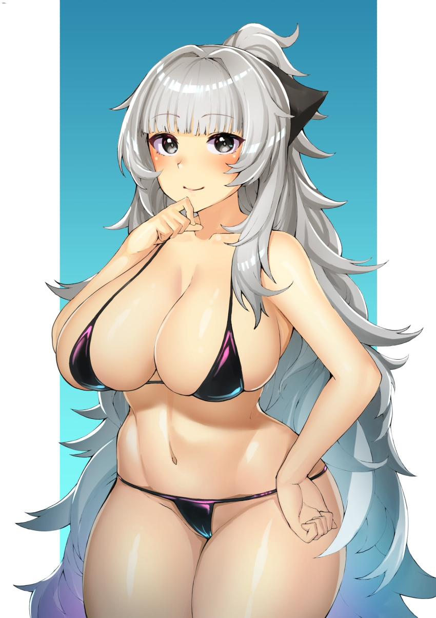 1girl azur_lane bangs bare_arms bare_shoulders bikini black_bikini black_eyes blunt_bangs blush breasts cleavage closed_mouth collarbone commission cowboy_shot grey_hair hand_on_hip hand_on_own_chin highres large_breasts long_hair looking_at_viewer miso_tanuki navel ponytail skeb_commission smile solo stomach swimsuit very_long_hair vittorio_veneto_(warship_girls_r)