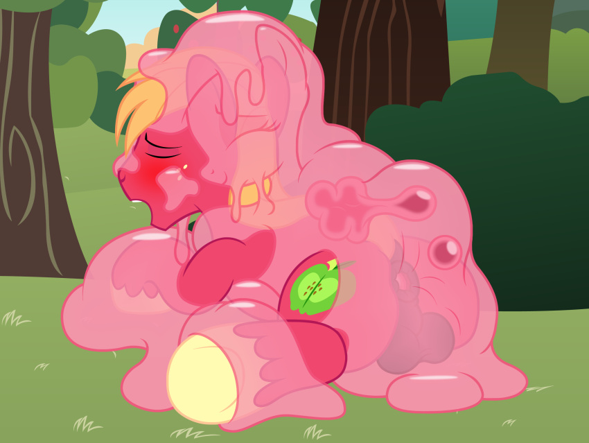 2019 anal anal_penetration badumsquish balls big_macintosh_(mlp) blonde_hair blush detailed_background duo earth_pony egg equid equine eyes_closed fan_character female feral freckles friendship_is_magic genitals goo_creature hair hasbro hi_res horse male male/female mammal my_little_pony nature outside oviposition ovipositor penetration pony quiddity sitting story story_in_description translucent translucent_body