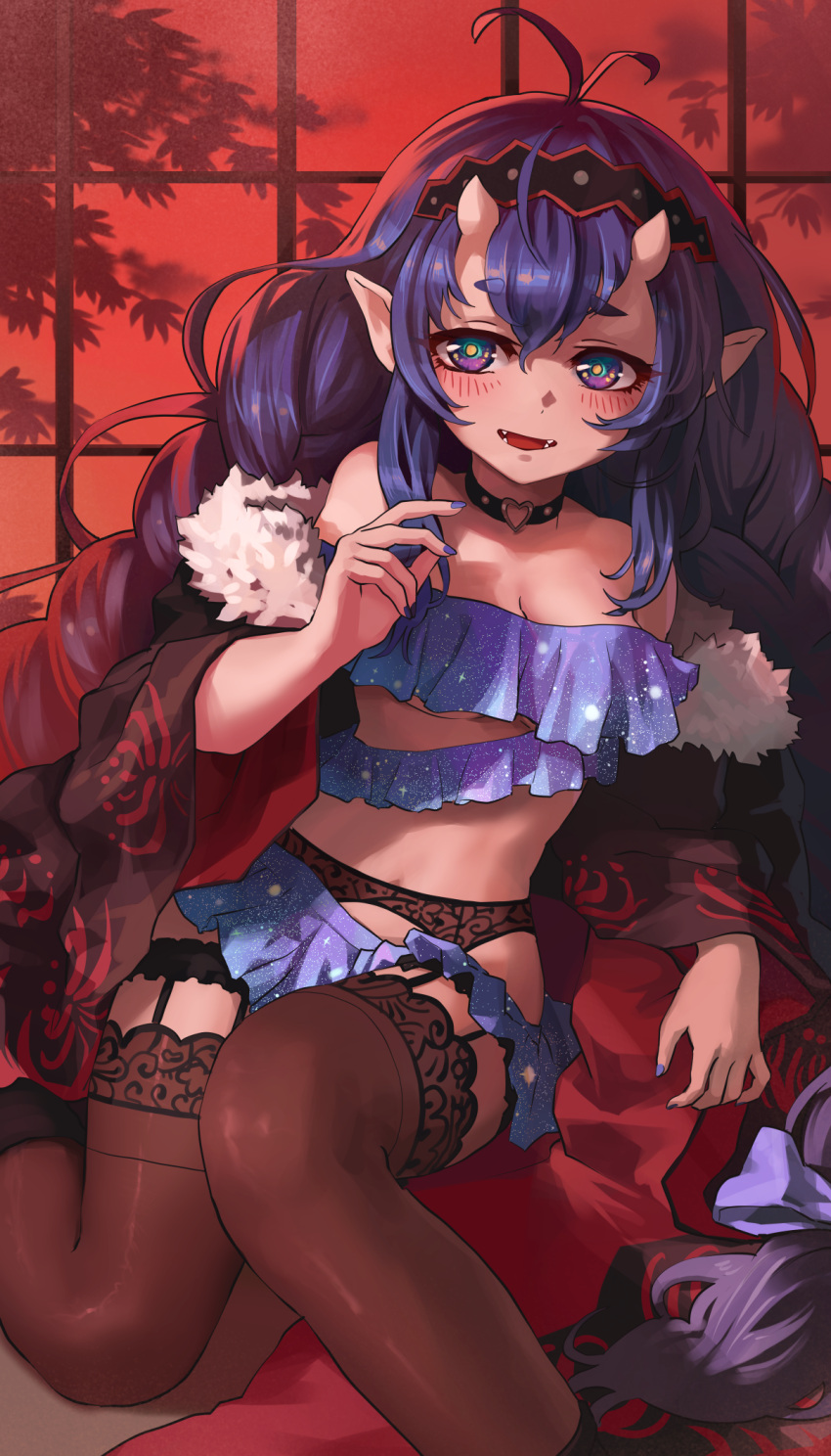 1girl blue_nails breasts brown_thighhighs character_request commission copyright_request fangs garter_belt highres horns long_hair looking_at_viewer medium_breasts melaton pointy_ears purple_eyes purple_hair skeb_commission solo thighhighs very_long_hair