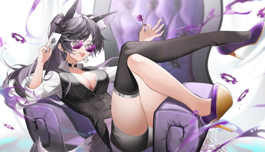 1girl animal_ear_fluff animal_ears armchair bangs black_hair black_nails black_shorts black_vest blurry breasts candy card chair choker cleavage collared_shirt depth_of_field earrings food fox_ears fox_girl fox_tail green_eyes high_heels highres holding holding_candy holding_card holding_food holding_lollipop jewelry large_breasts lollipop long_hair looking_at_viewer meridian_project mole mole_on_breast o-ring o-ring_choker playing_card poker_chip ponytail purple_footwear seki_(vtuber) shirt shorts single_thighhigh sitting_sideways sleeves_rolled_up smile solo sunglasses tail thighhighs tobunchudoku tongue tongue_out vest virtual_youtuber
