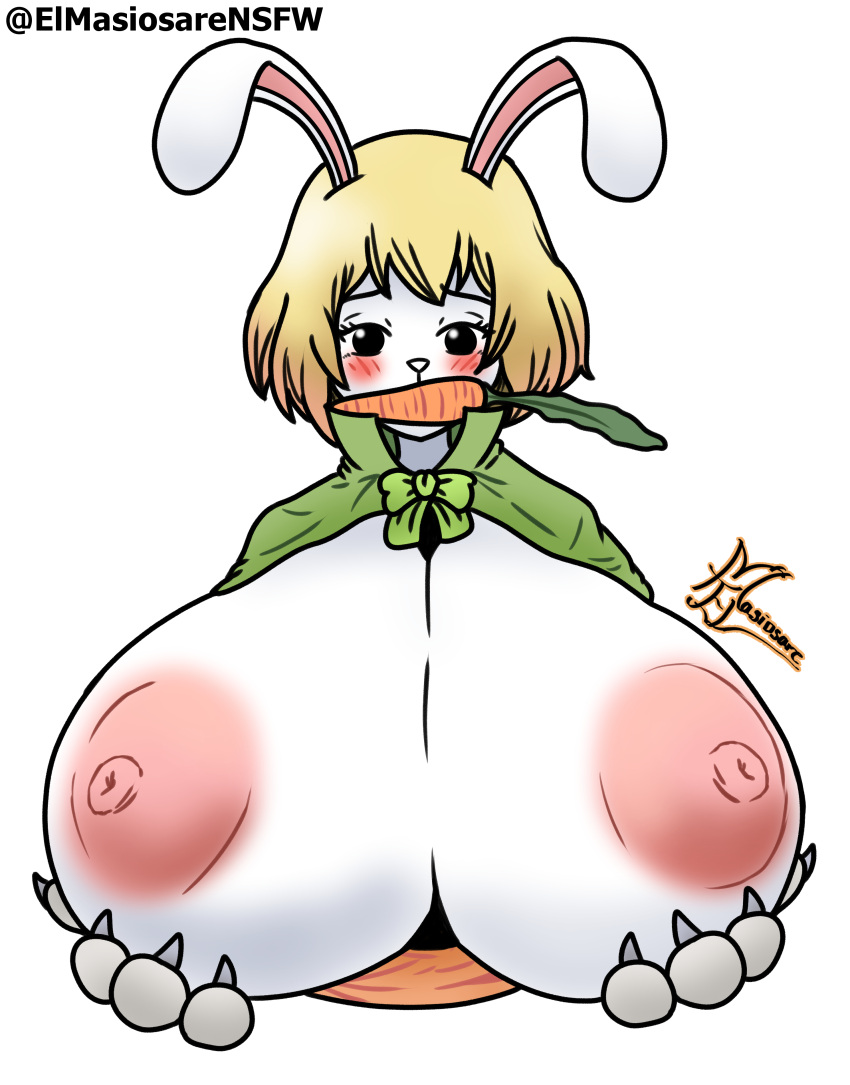 absurd_res anthro big_breasts blush breasts carrot carrot_(one_piece) clothed clothing elmasiosare female food fur hair hi_res huge_breasts lagomorph leporid mammal nipples one_piece plant rabbit simple_background solo vegetable white_body white_fur