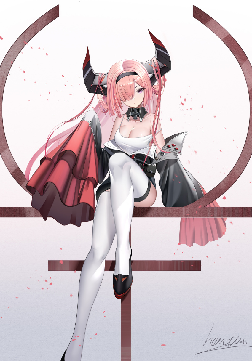 1girl :o absurdres artist_name azur_lane bangs bare_shoulders black_footwear black_hairband breasts cleavage collarbone foot_out_of_frame hair_between_eyes hair_over_one_eye hairband heatia highres horns long_hair looking_at_viewer medium_breasts open_mouth petals pink_hair prinz_rupprecht_(azur_lane) purple_eyes shirt simple_background sitting solo thighhighs thighs white_shirt white_thighhighs