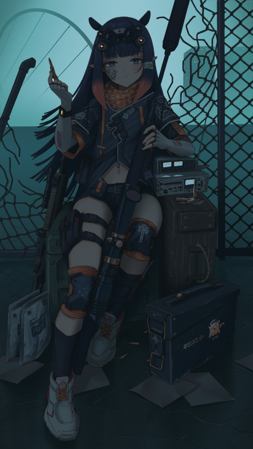 1girl absurdres bandaid bandaid_on_face bangs blue_eyes blunt_bangs blush box cartridge chain-link_fence elbow_gloves fence fingerless_gloves gloves goggles goggles_on_head grey_gloves gun highres holding holding_gun holding_weapon hololive hololive_english knee_pads long_hair looking_at_viewer midriff ninomae_ina'nis paper parted_lips pointy_ears purple_hair radio rifle shoes short_shorts shorts sitting sniper_rifle socks solo very_long_hair virtual_youtuber weapon zhvo