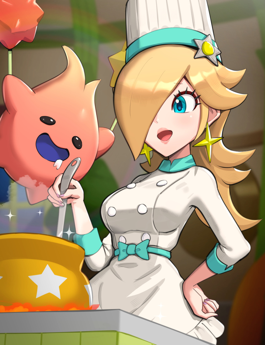 1girl alternate_costume blonde_hair blue_eyes breasts chef chef_hat chef_uniform cooking gonzarez hair_over_one_eye hat highres large_breasts luma_(mario) mario_(series) one_eye_covered open_mouth rosalina super_mario_galaxy