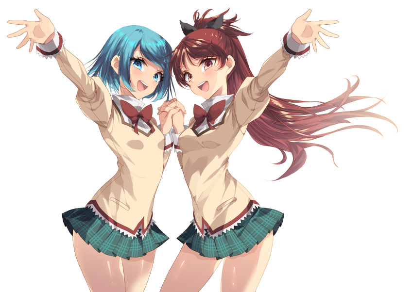 2girls :d absurdres black_bow blue_eyes blue_hair bow bowtie brown_eyes cowboy_shot dress_shirt green_skirt hair_bow high_ponytail highres holding_hands interlocked_fingers jacket long_hair long_sleeves mahou_shoujo_madoka_magica microskirt miki_sayaka miniskirt misteor mitakihara_school_uniform multiple_girls open_mouth outstretched_arm plaid plaid_skirt pleated_skirt red_bow red_bowtie red_hair sakura_kyouko school_uniform shiny shiny_hair shiny_skin shirt short_hair simple_background skirt smile standing very_long_hair white_background white_shirt yellow_jacket